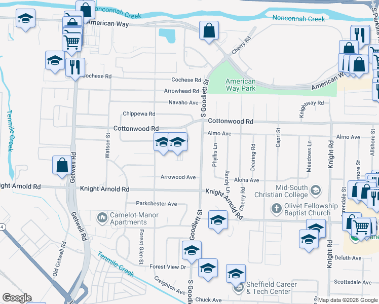 map of restaurants, bars, coffee shops, grocery stores, and more near 3001 South Goodlett Street in Memphis