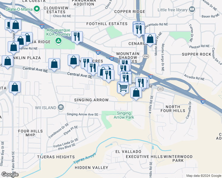map of restaurants, bars, coffee shops, grocery stores, and more near 13120 Central Avenue Southeast in Albuquerque