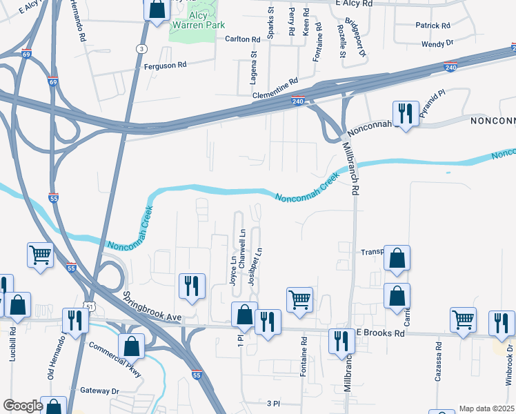 map of restaurants, bars, coffee shops, grocery stores, and more near 2977 East Josibpet Circle in Memphis