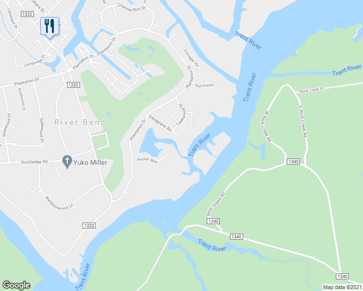 map of restaurants, bars, coffee shops, grocery stores, and more near 208 Gangplank Road in New Bern