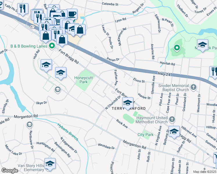 map of restaurants, bars, coffee shops, grocery stores, and more near 2509 Fort Bragg Road in Fayetteville