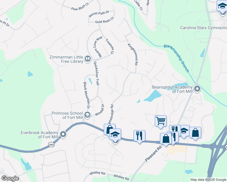 map of restaurants, bars, coffee shops, grocery stores, and more near 553 South Portman Lane in Fort Mill