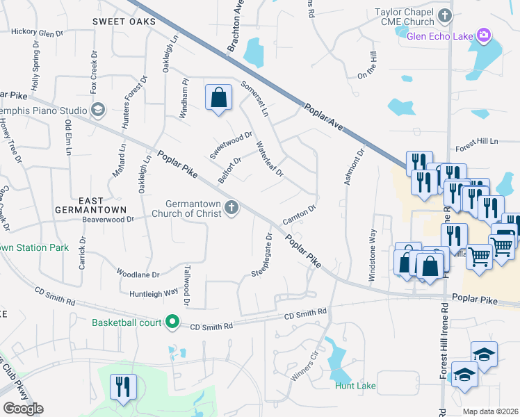 map of restaurants, bars, coffee shops, grocery stores, and more near 8766 Poplar Pike in Germantown