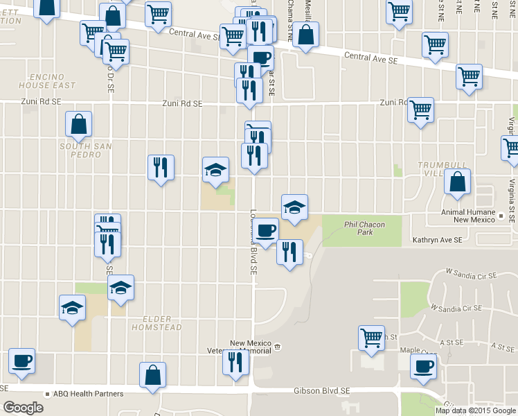 map of restaurants, bars, coffee shops, grocery stores, and more near 701 Louisiana Boulevard Southeast in Albuquerque