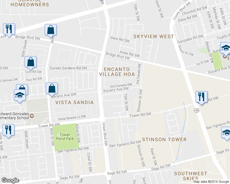 map of restaurants, bars, coffee shops, grocery stores, and more near 7724 Crepe Myrtle Road Southwest in Albuquerque