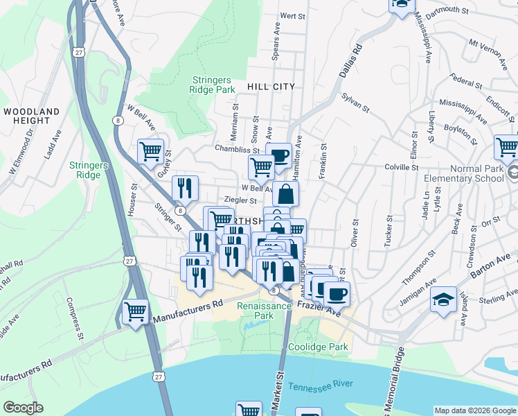 map of restaurants, bars, coffee shops, grocery stores, and more near in Chattanooga