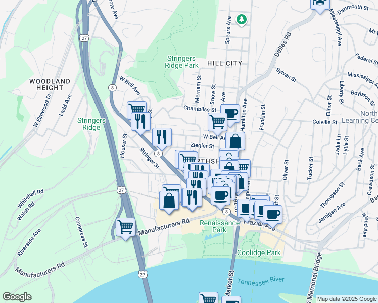 map of restaurants, bars, coffee shops, grocery stores, and more near 411 May Street in Chattanooga