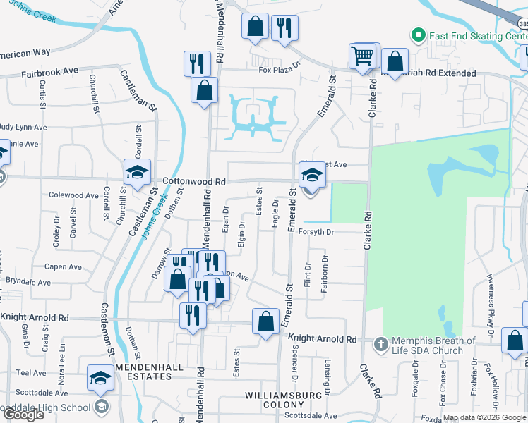 map of restaurants, bars, coffee shops, grocery stores, and more near 2993 Eagle Drive in Memphis