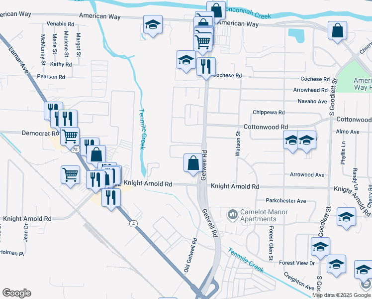 map of restaurants, bars, coffee shops, grocery stores, and more near 3007 Getwell Road in Memphis