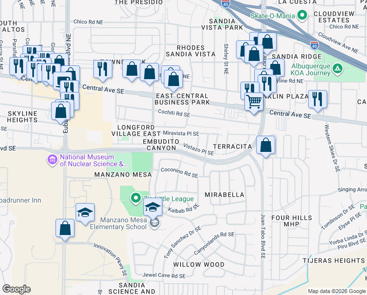 map of restaurants, bars, coffee shops, grocery stores, and more near 11105 Deer Lodge Place Southeast in Albuquerque