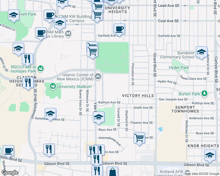 map of restaurants, bars, coffee shops, grocery stores, and more near 1200 Dickerson Drive Southeast in Albuquerque
