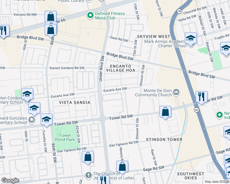 map of restaurants, bars, coffee shops, grocery stores, and more near 7724 Crepe Myrtle Road Southwest in Albuquerque