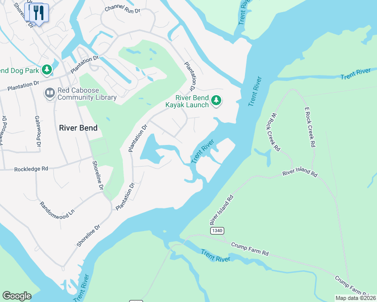 map of restaurants, bars, coffee shops, grocery stores, and more near 208 Gangplank Rd in New Bern