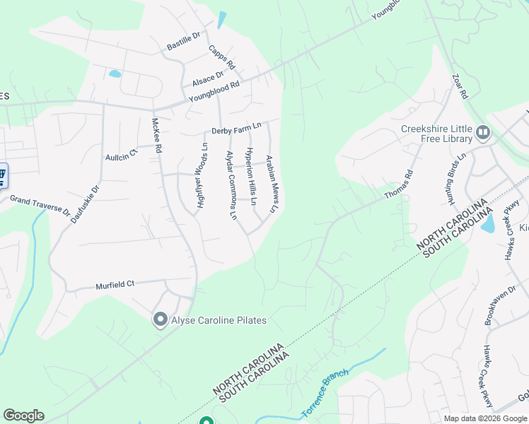 map of restaurants, bars, coffee shops, grocery stores, and more near 16043 Arabian Mews Lane in Charlotte