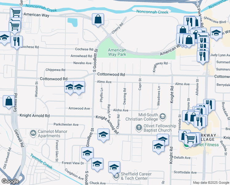map of restaurants, bars, coffee shops, grocery stores, and more near 3000 Randy Lane in Memphis