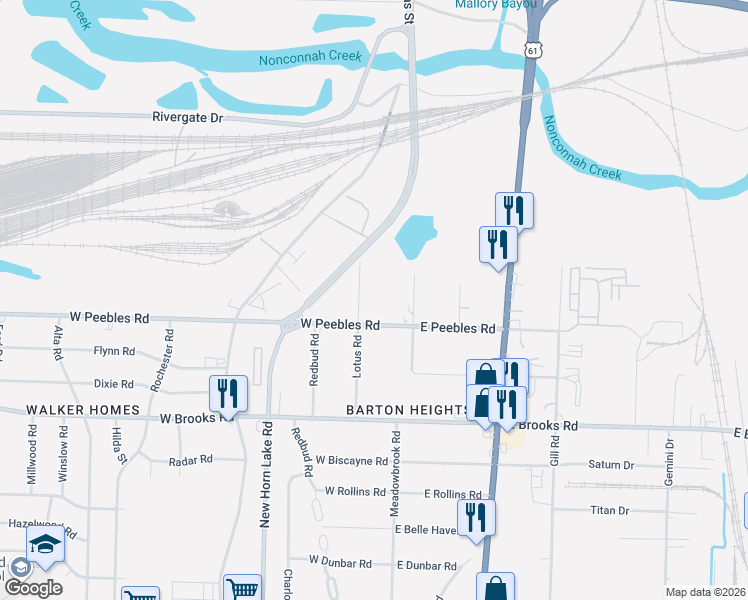 map of restaurants, bars, coffee shops, grocery stores, and more near 14 West Peebles Road in Memphis