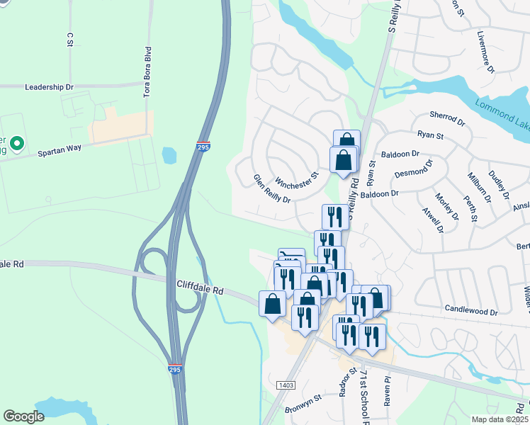 map of restaurants, bars, coffee shops, grocery stores, and more near 833 Nighthawk Place in Fayetteville