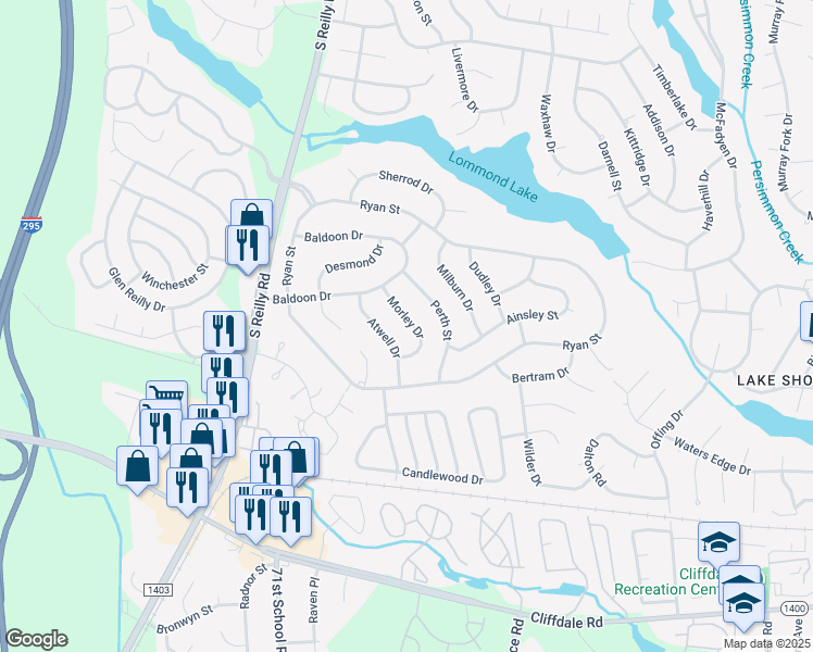 map of restaurants, bars, coffee shops, grocery stores, and more near 419 Morley Drive in Fayetteville