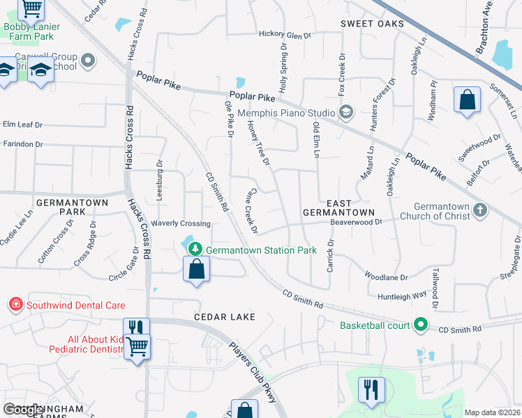 map of restaurants, bars, coffee shops, grocery stores, and more near 8315 Honey Hill Cove in Germantown
