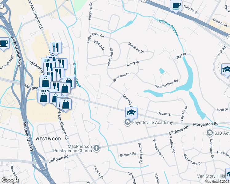 map of restaurants, bars, coffee shops, grocery stores, and more near 3306 Mandalay Street in Fayetteville
