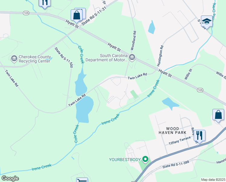 map of restaurants, bars, coffee shops, grocery stores, and more near 149 Twin Lake Road in Gaffney