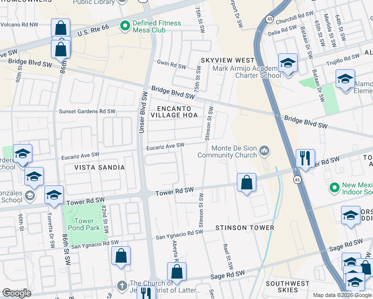 map of restaurants, bars, coffee shops, grocery stores, and more near 1038 75th Street Southwest in Albuquerque
