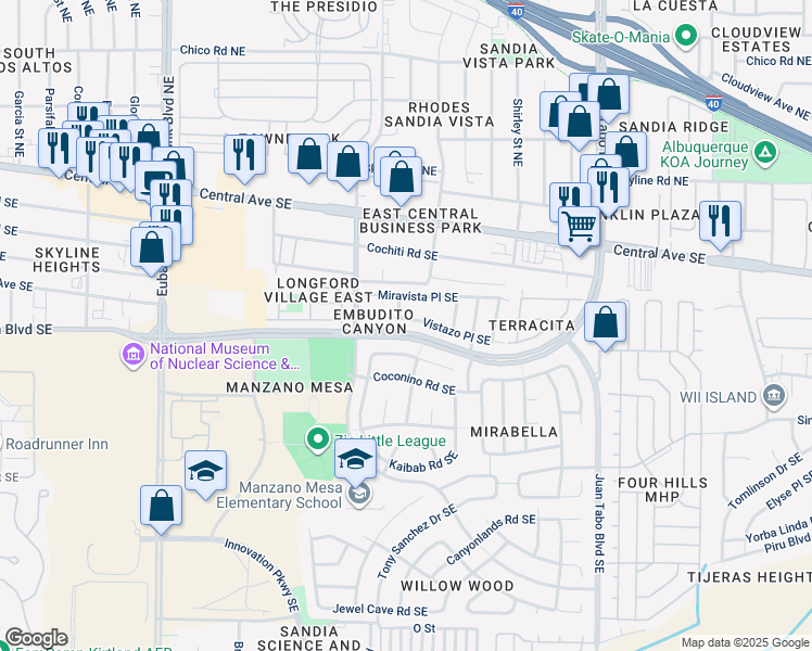 map of restaurants, bars, coffee shops, grocery stores, and more near 11105 Deer Lodge Place Southeast in Albuquerque