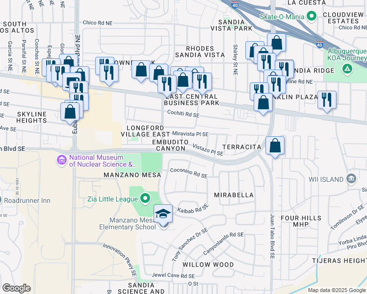 map of restaurants, bars, coffee shops, grocery stores, and more near 11105 Deer Lodge Place Southeast in Albuquerque