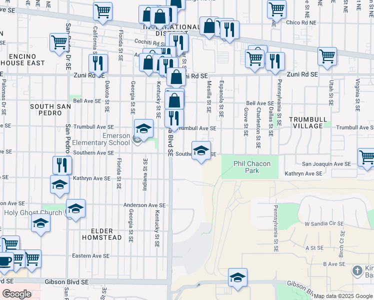 map of restaurants, bars, coffee shops, grocery stores, and more near 640 Alcazar Street Southeast in Albuquerque