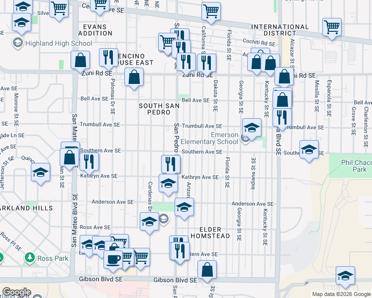 map of restaurants, bars, coffee shops, grocery stores, and more near 705 Arizona Street Southeast in Albuquerque