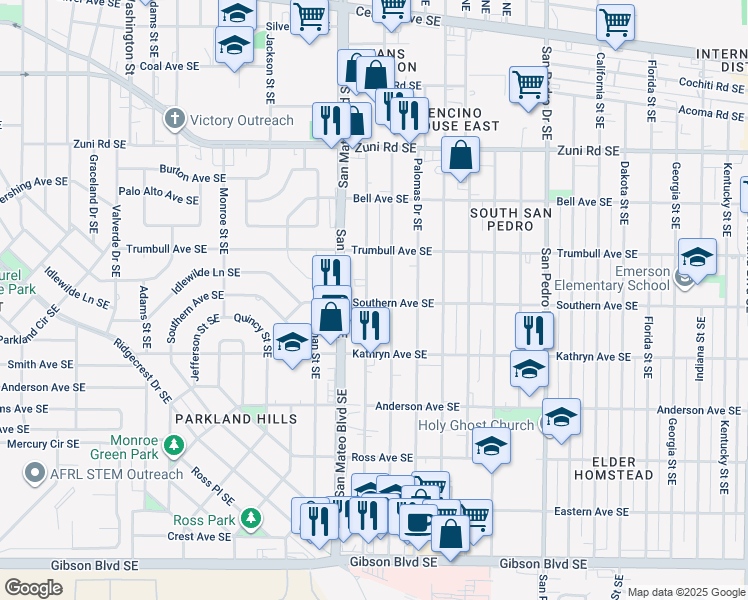 map of restaurants, bars, coffee shops, grocery stores, and more near 909 Ortiz Drive Southeast in Albuquerque