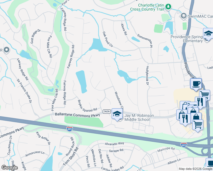 map of restaurants, bars, coffee shops, grocery stores, and more near 6026 Dovefield Road in Charlotte