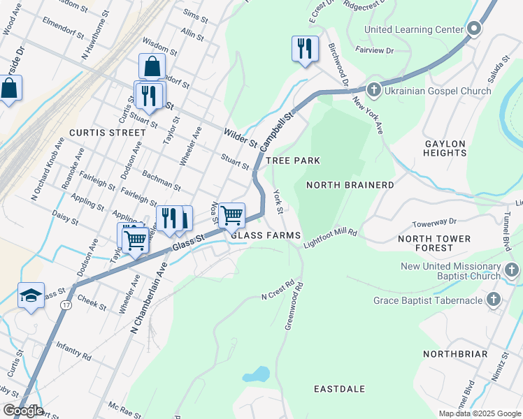 map of restaurants, bars, coffee shops, grocery stores, and more near 2730 Glass Street in Chattanooga