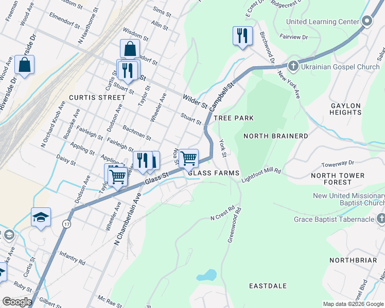 map of restaurants, bars, coffee shops, grocery stores, and more near 2701 Glass Street in Chattanooga