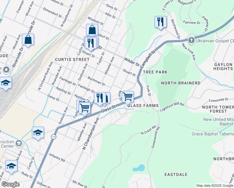 map of restaurants, bars, coffee shops, grocery stores, and more near 2619 Andrews Street in Chattanooga