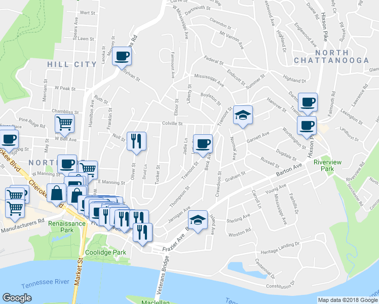 map of restaurants, bars, coffee shops, grocery stores, and more near 409 Jadie Lane in Chattanooga