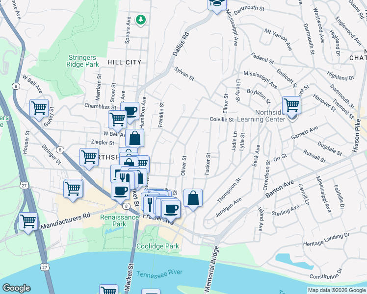 map of restaurants, bars, coffee shops, grocery stores, and more near 503 Oliver Street in Chattanooga