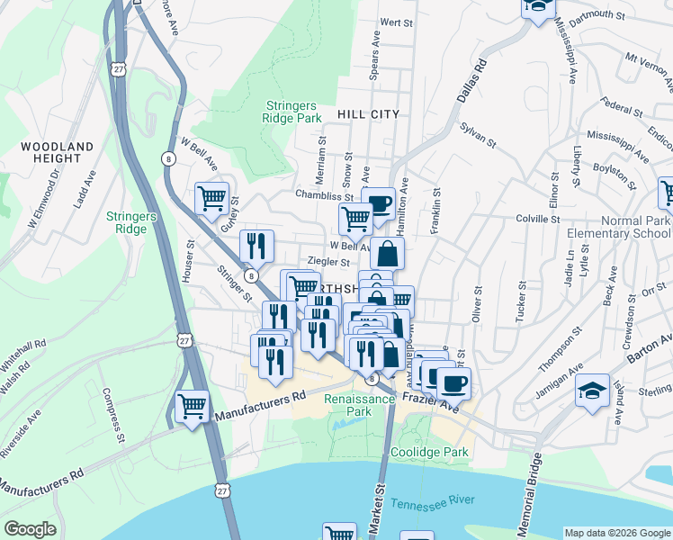 map of restaurants, bars, coffee shops, grocery stores, and more near 111 West Bush Street in Chattanooga