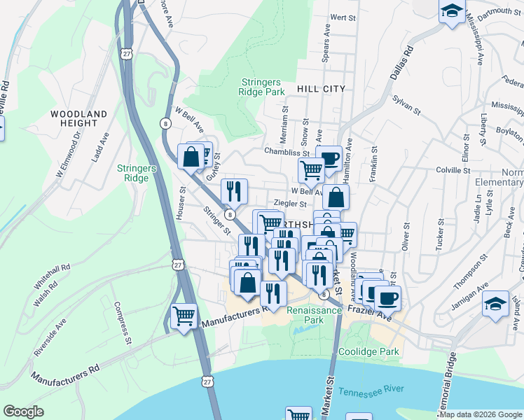 map of restaurants, bars, coffee shops, grocery stores, and more near 411 Fairpoint Street in Chattanooga