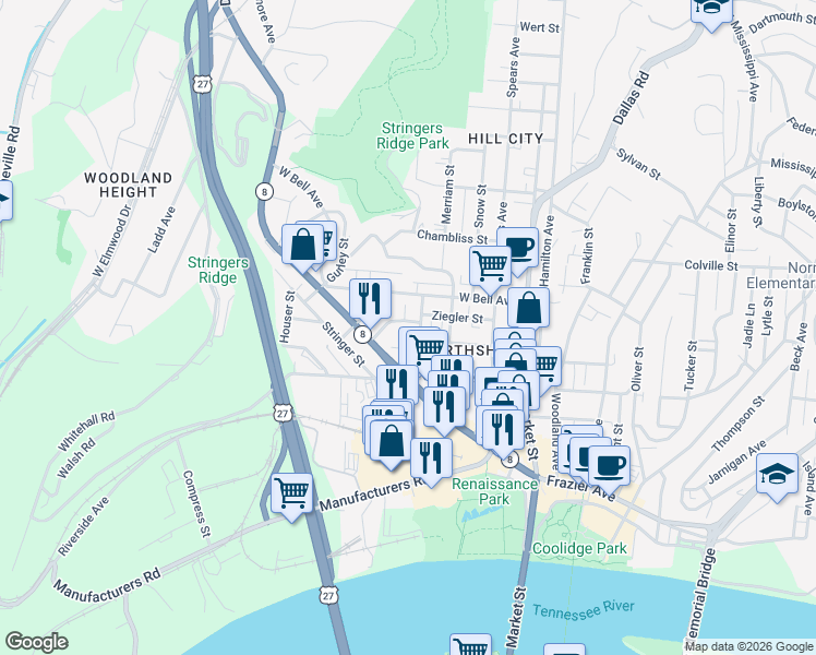 map of restaurants, bars, coffee shops, grocery stores, and more near 411 Fairpoint Street in Chattanooga