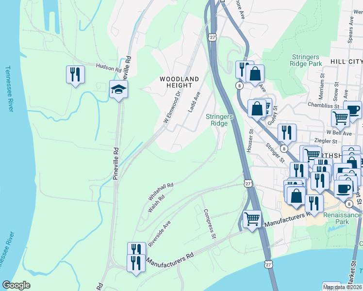 map of restaurants, bars, coffee shops, grocery stores, and more near 506 Ladd Avenue in Chattanooga