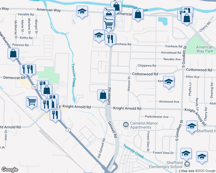 map of restaurants, bars, coffee shops, grocery stores, and more near 3030 Getwell Road in Memphis