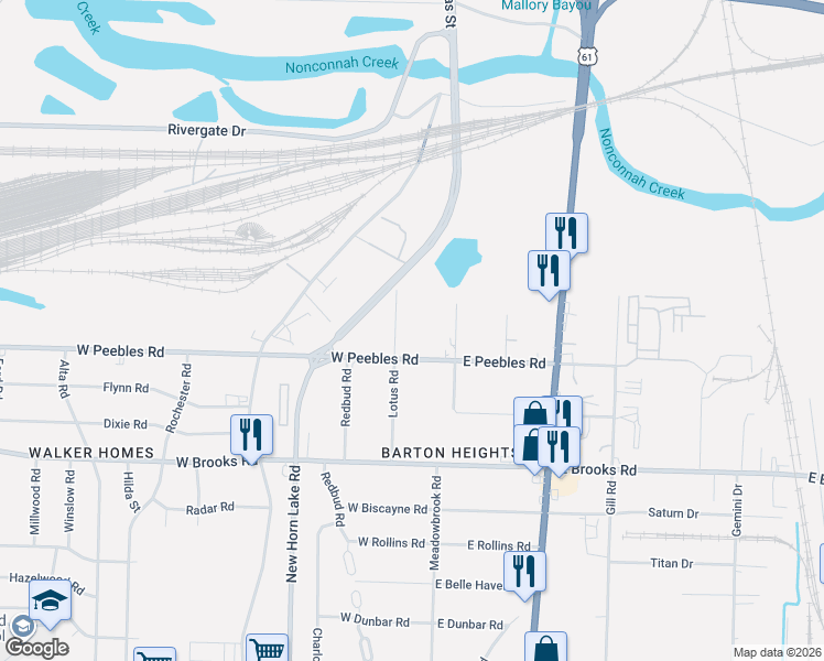 map of restaurants, bars, coffee shops, grocery stores, and more near 14 West Peebles Road in Memphis