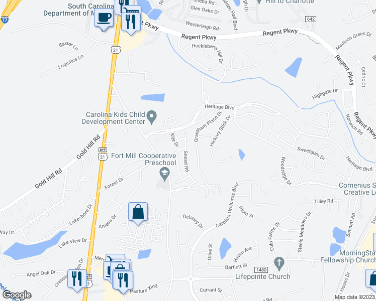 map of restaurants, bars, coffee shops, grocery stores, and more near 149 Snead Road in Fort Mill