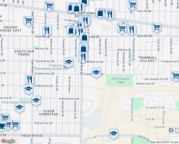 map of restaurants, bars, coffee shops, grocery stores, and more near 640 Alcazar Street Southeast in Albuquerque