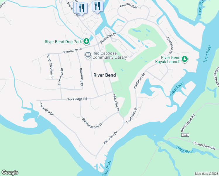 map of restaurants, bars, coffee shops, grocery stores, and more near 202 Rockledge Road in New Bern