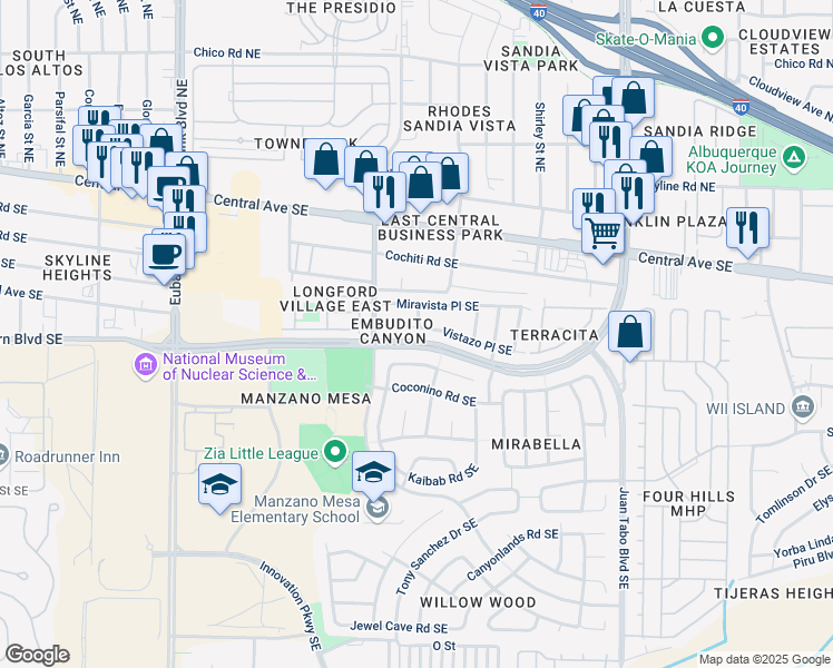 map of restaurants, bars, coffee shops, grocery stores, and more near 11048 Vistazo Place Southeast in Albuquerque