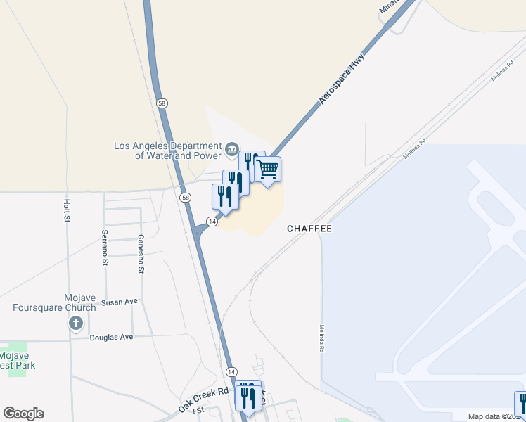 map of restaurants, bars, coffee shops, grocery stores, and more near 16910 California 14 in Mojave