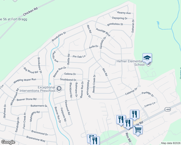 map of restaurants, bars, coffee shops, grocery stores, and more near 7321 Pebblebrook Drive in Fayetteville