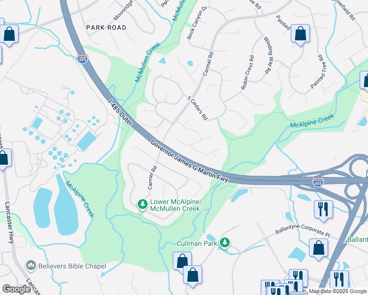map of restaurants, bars, coffee shops, grocery stores, and more near 8313 Kapplewood Court in Charlotte